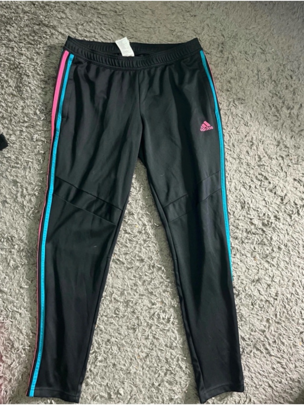 adidas Black Track Pants with Pink & Teal Side Stripes